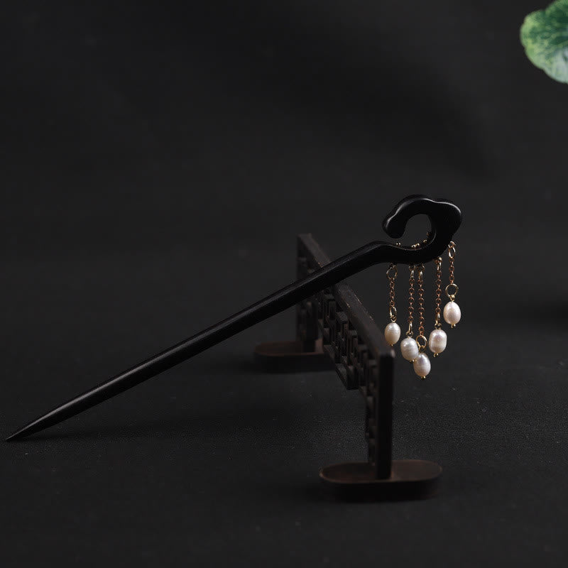 Ebony Chinese Hairpin with Pearl Tassel for Protection and Wisdom