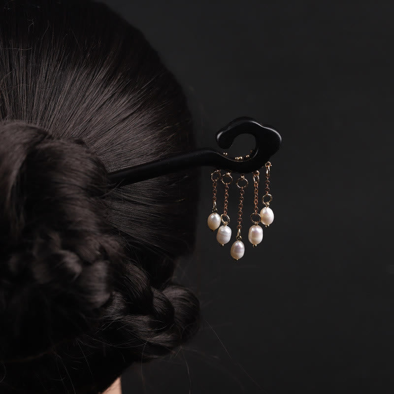Ebony Chinese Hairpin with Pearl Tassel for Protection and Wisdom