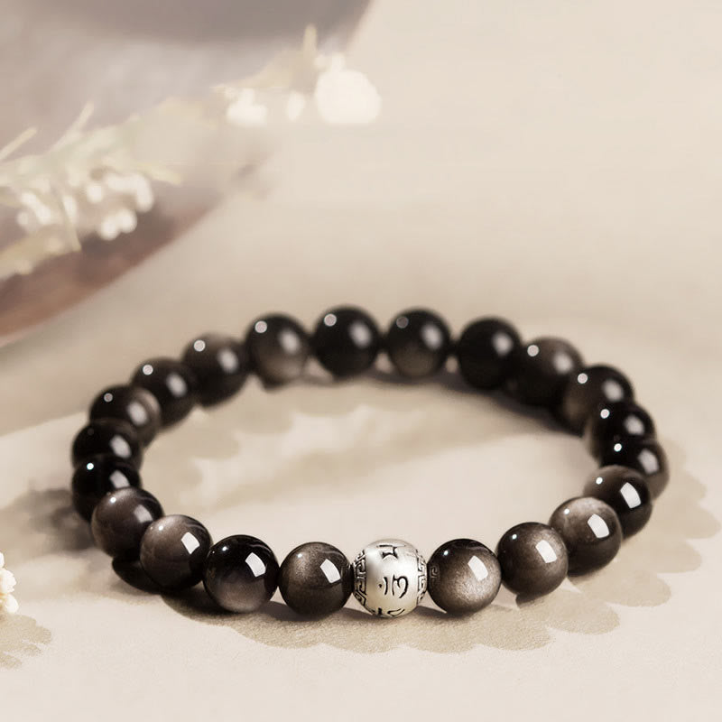 8mm Silver Sheen Obsidian Om Mani Padme Hum Protection Bracelet