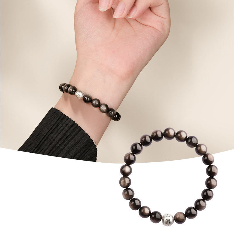 8 mm silbernes Obsidian-Armband „Om Mani Padme Hum“
