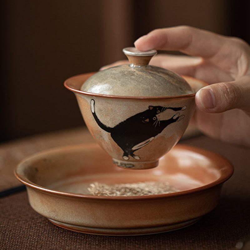 Keramik-Gaiwan-Teetasse mit Deckel, Katzenmotiv, 130 ml, für Teerituale