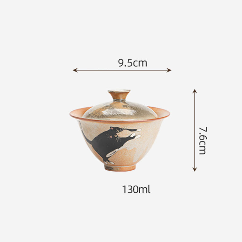 Keramik-Gaiwan-Teetasse mit Deckel, Katzenmotiv, 130 ml, für Teerituale