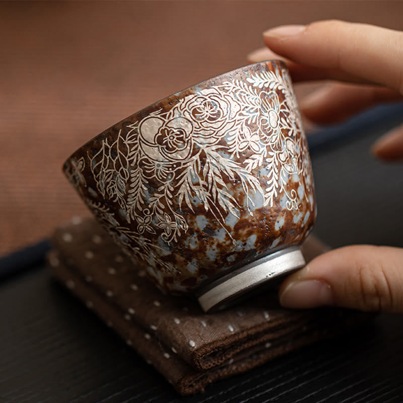 Keramik-Teetasse mit braunen Blumen, 100 ml, Home Accent