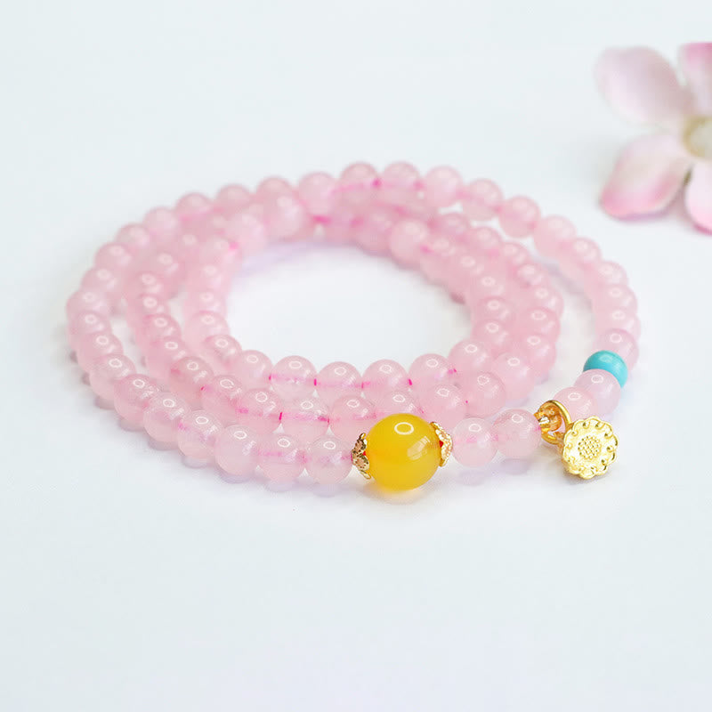 6 mm rosa Kristall-Lotus-Armband mit gelbem Chalcedon