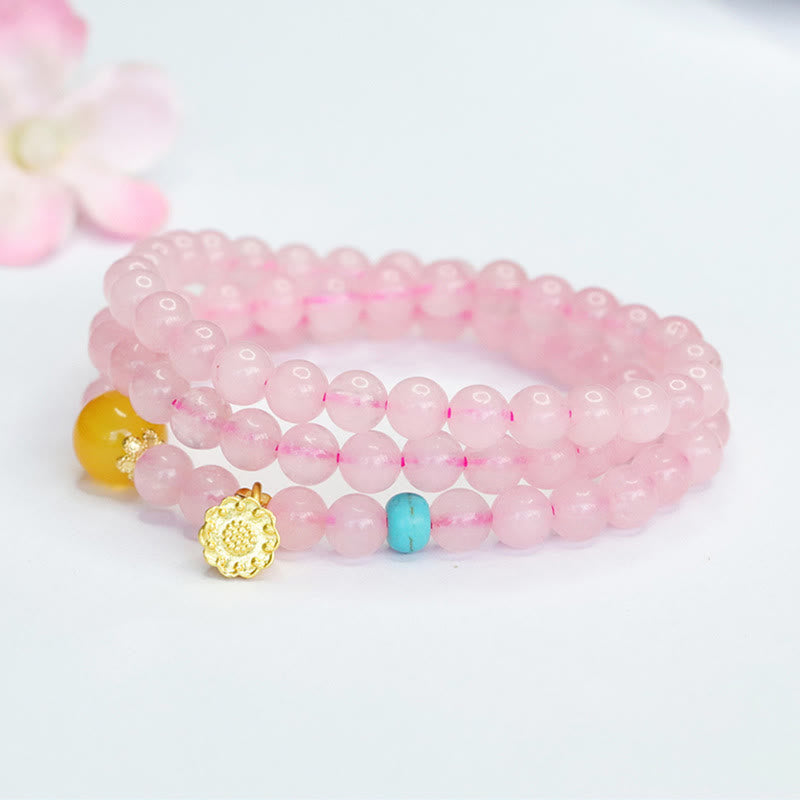 6 mm rosa Kristall-Lotus-Armband mit gelbem Chalcedon