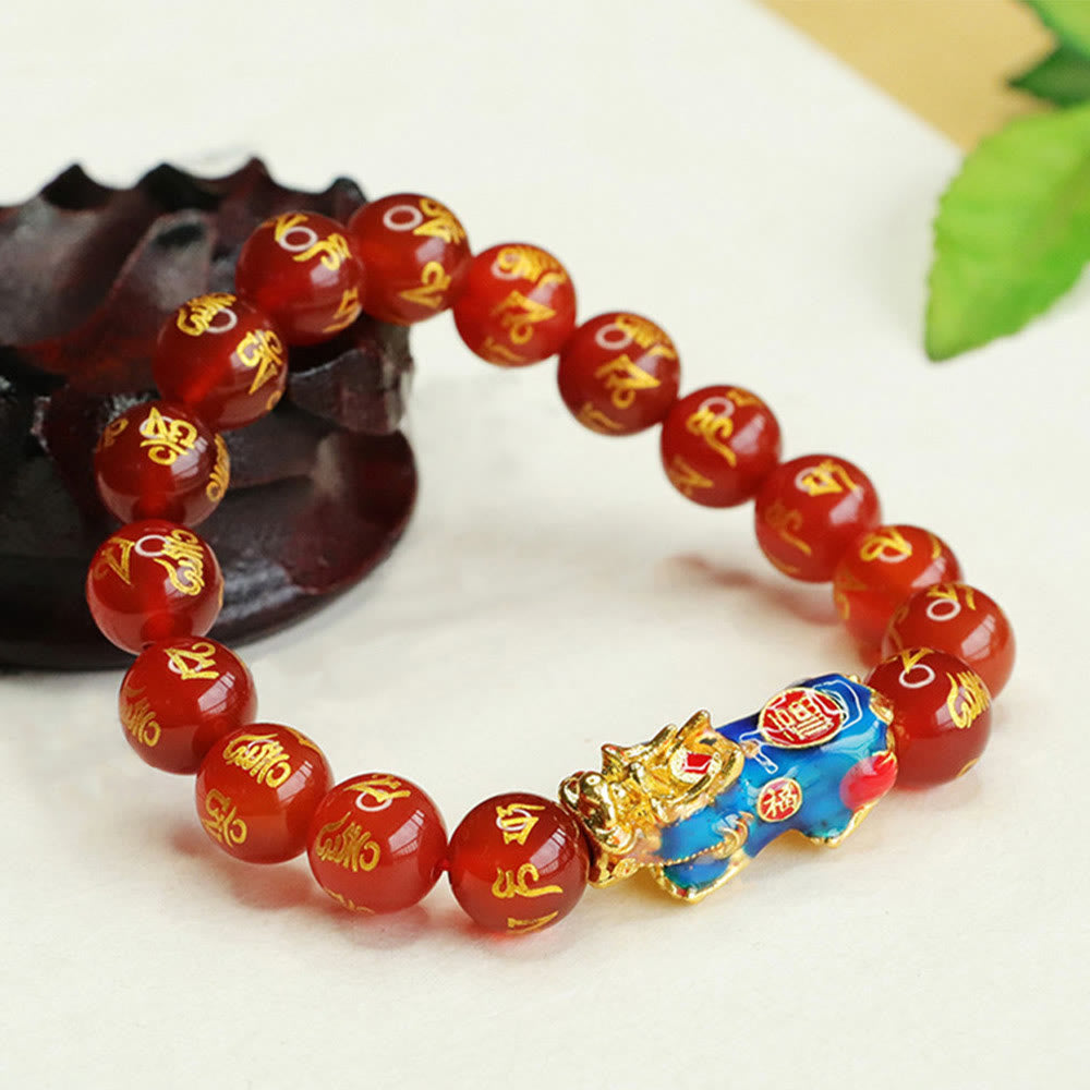 10 mm rotes Achat-Armband „Om Mani Padme Hum Pixiu Calm“