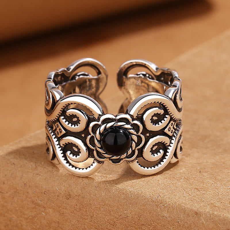 Adjustable Black Onyx Protection Fortune Ring Copper Band