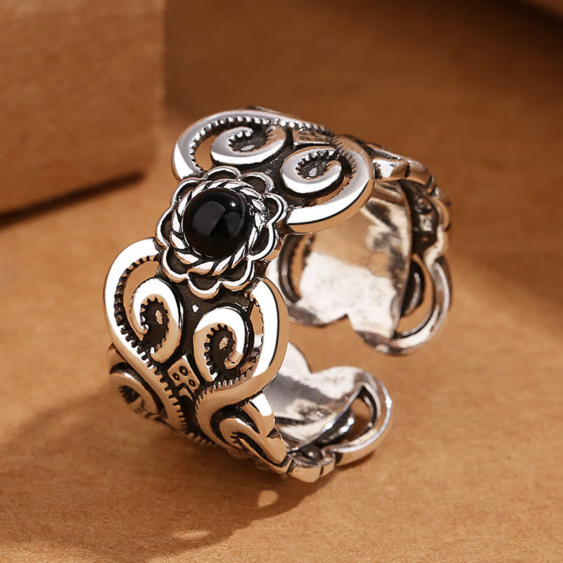 Adjustable Black Onyx Protection Fortune Ring Copper Band