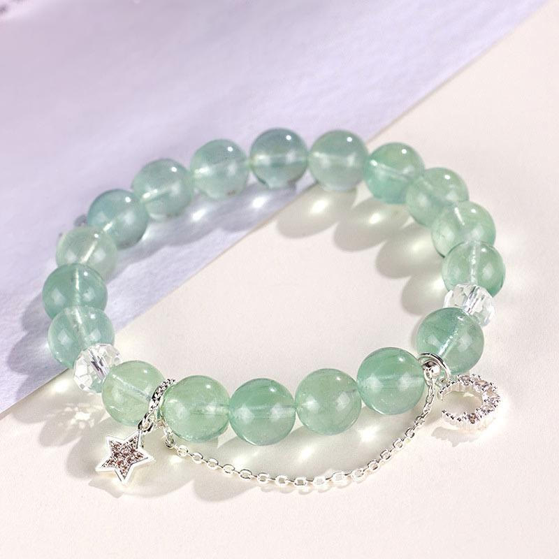 10mm Green Fluorite Peace Bracelet with Moon & Star Charms