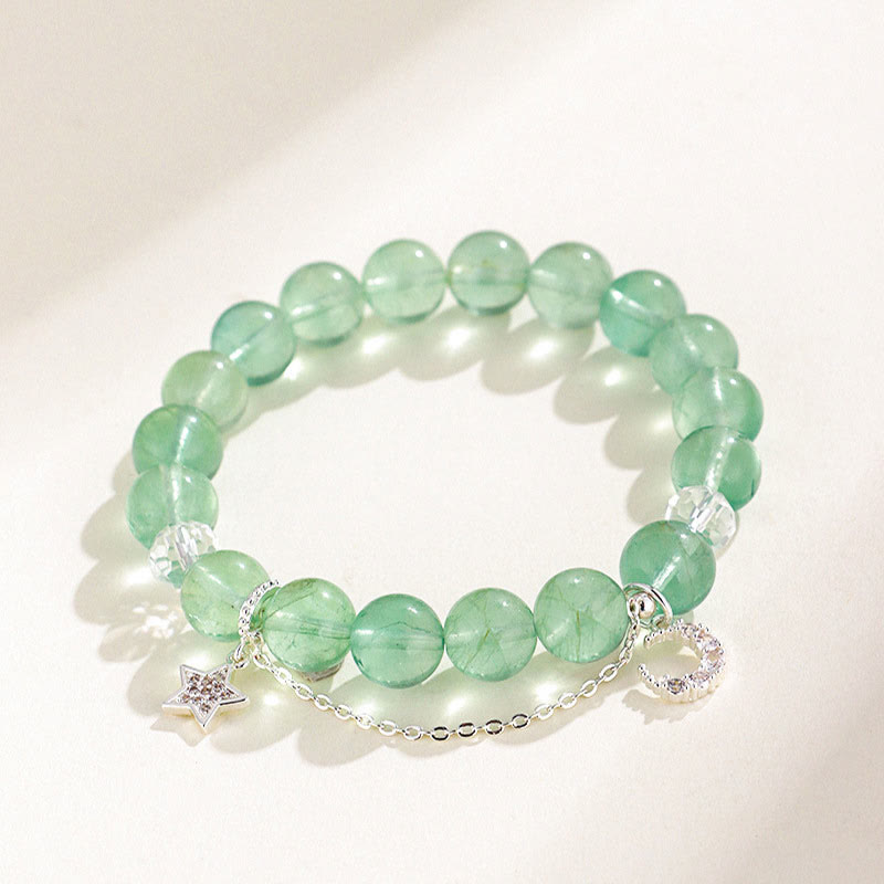 10mm Green Fluorite Peace Bracelet with Moon & Star Charms