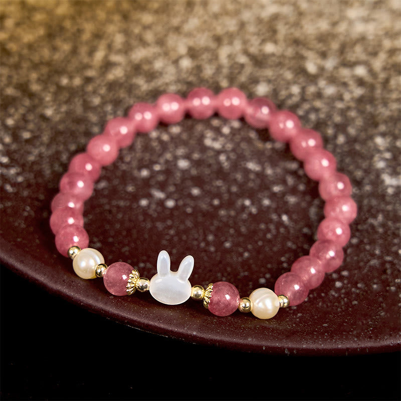 6mm Strawberry Quartz Healing Bracelet with Pearl Cat or Rabbit Charm