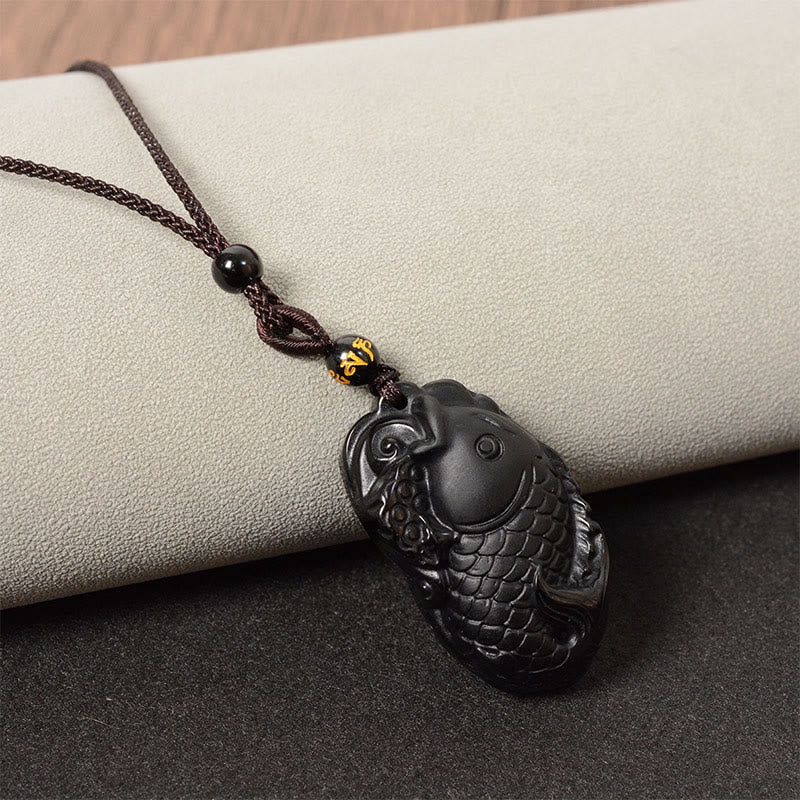 Black Obsidian Necklace Pendant with Amphioxus Symbol for Strength