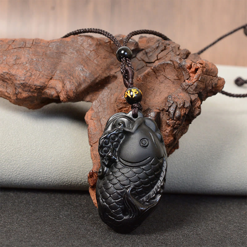 Black Obsidian Necklace Pendant with Amphioxus Symbol for Strength
