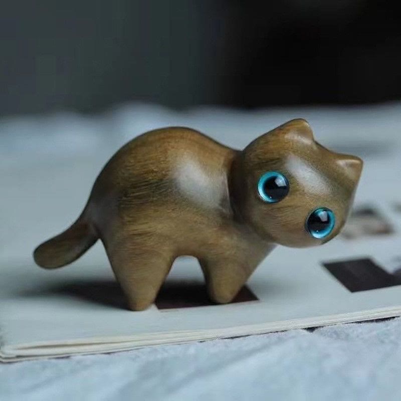 Mini-Katzenstatue aus grünem Sandelholz als Schreibtischdekoration