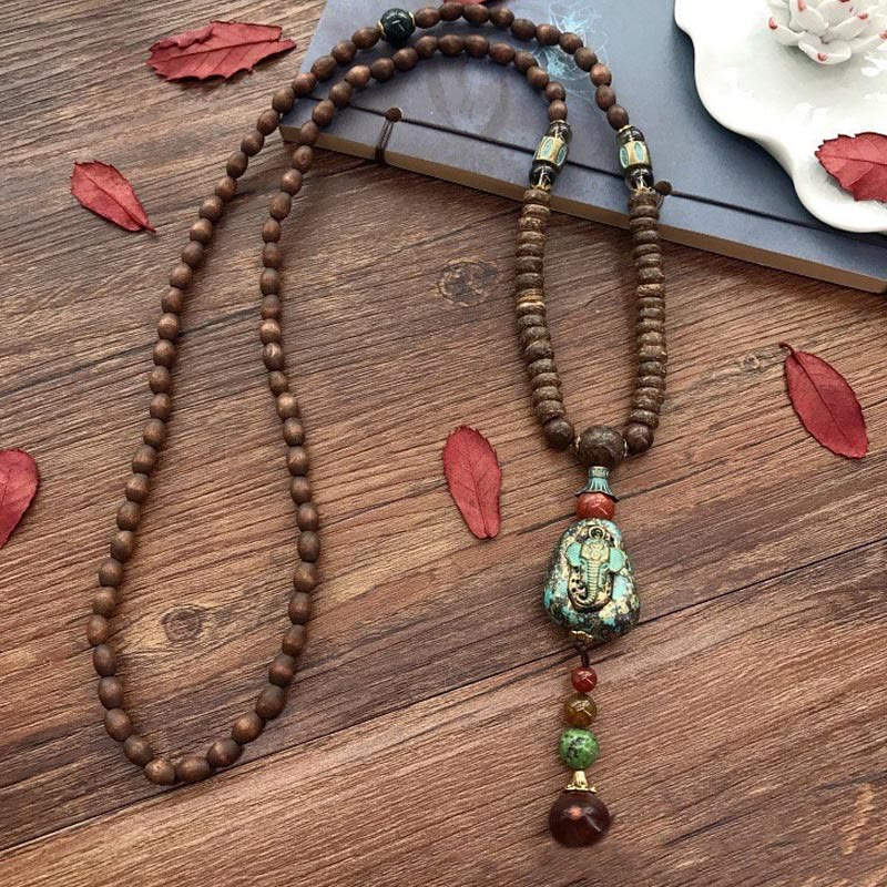 Wenge Wood Elephant Necklace with Dzi Bead | Protection