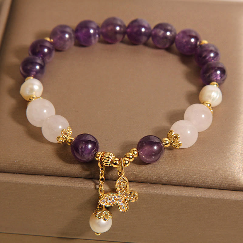 Amethyst Perlenkristall Spirituelles Schmetterlings-Charm-Armband