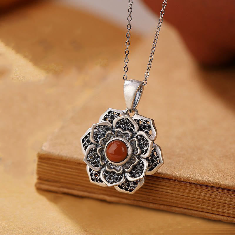 Copper & Red Agate Om Mani Padme Hum Necklace for Peace