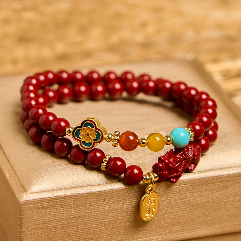 6mm Cinnabar PiXiu Fu Character Double Wrap Bracelet