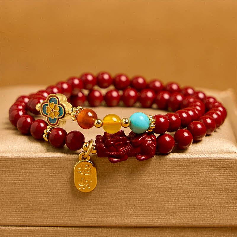 6mm Cinnabar PiXiu Fu Character Double Wrap Bracelet