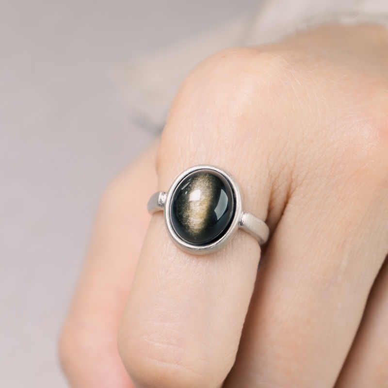 Gold Sheen Obsidian Adjustable Ring 16x12mm for Wealth Protection
