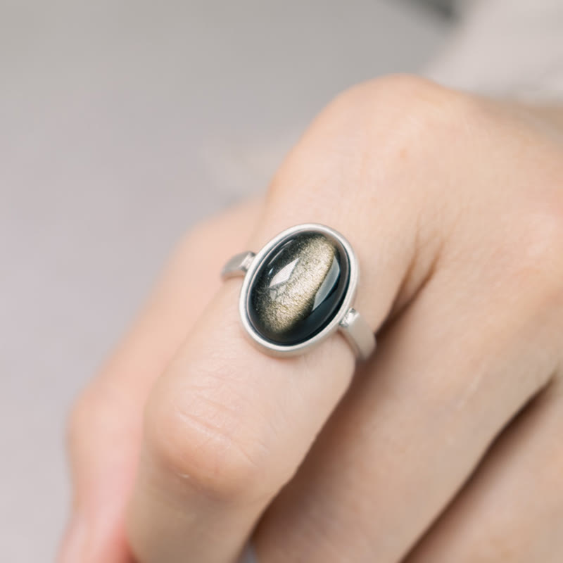 Verstellbarer Ring aus goldfarbenem Obsidian, 16 x 12 mm, zum Schutz des Reichtums