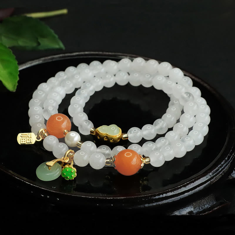 Mehrschichtiges Fu-Armband mit Peace-Schnalle aus weißer Jade für Damen