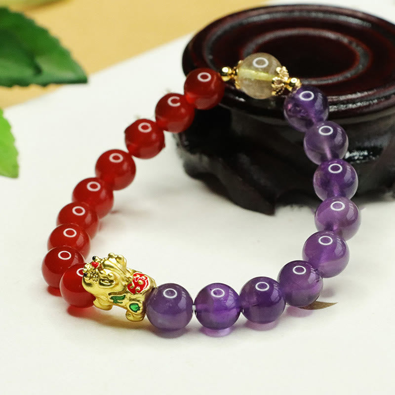 Pixiu-Armband aus Amethyst und rotem Achat für Gleichgewicht und Glück