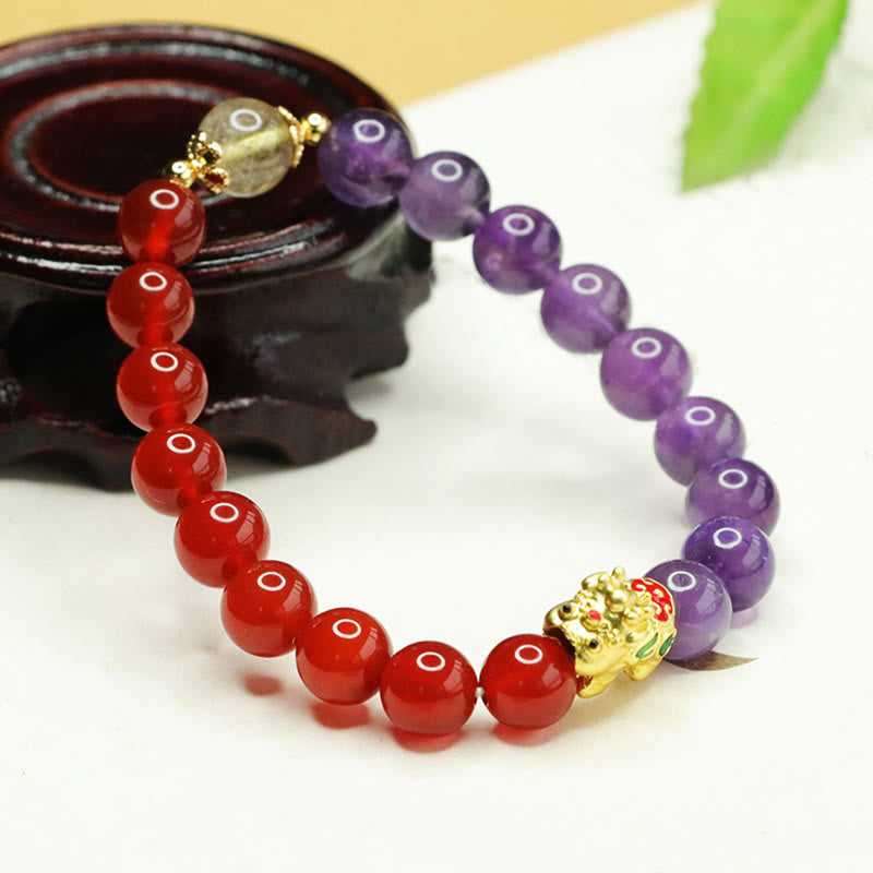 Pixiu-Armband aus Amethyst und rotem Achat für Gleichgewicht und Glück
