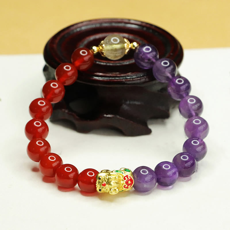 Pixiu-Armband aus Amethyst und rotem Achat für Gleichgewicht und Glück