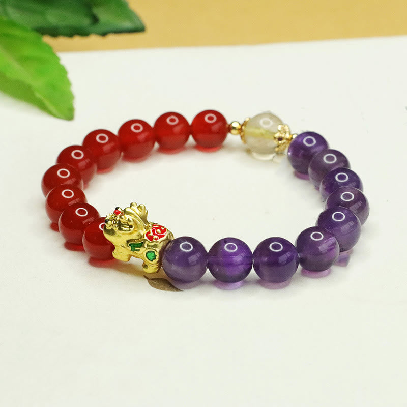 Pixiu-Armband aus Amethyst und rotem Achat für Gleichgewicht und Glück