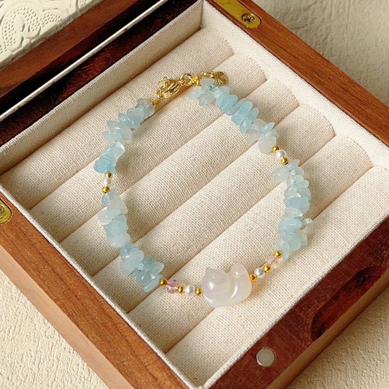 Aquamarine Healing Bracelet with Cute Cat Design | 15cm Wrist