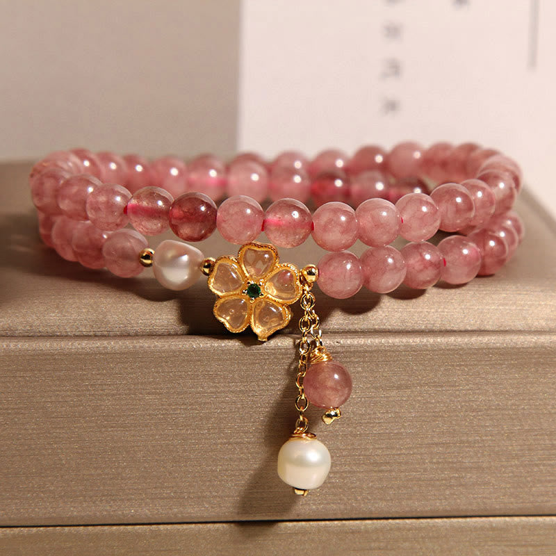 6mm Strawberry Quartz Positive Four Leaf Clover Bracelet