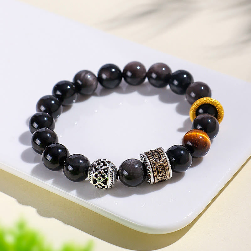 10mm Silver Sheen Obsidian Om Mani Padme Hum Healing Bracelet