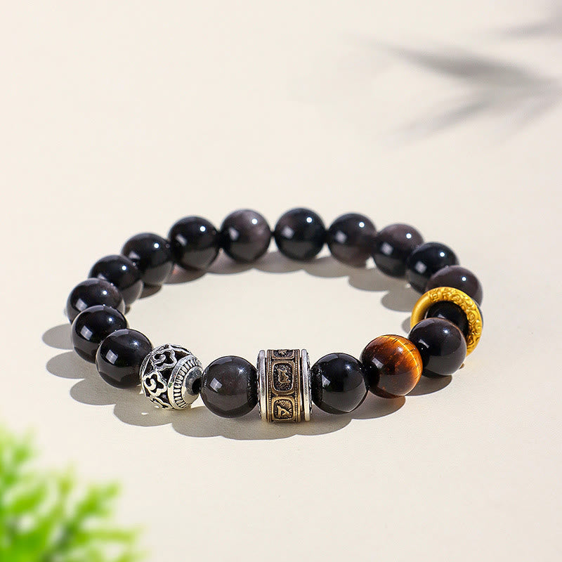 10mm Silver Sheen Obsidian Om Mani Padme Hum Healing Bracelet