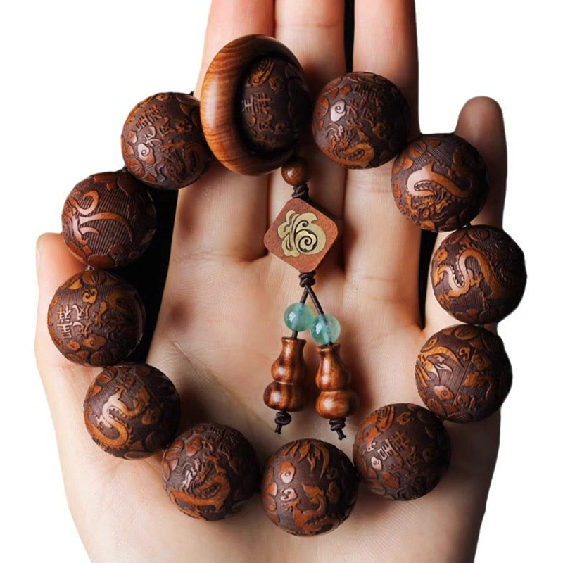 Drachenarmband mit Rosenholzperlen und Fu-Charakter-Kürbis für Wärme