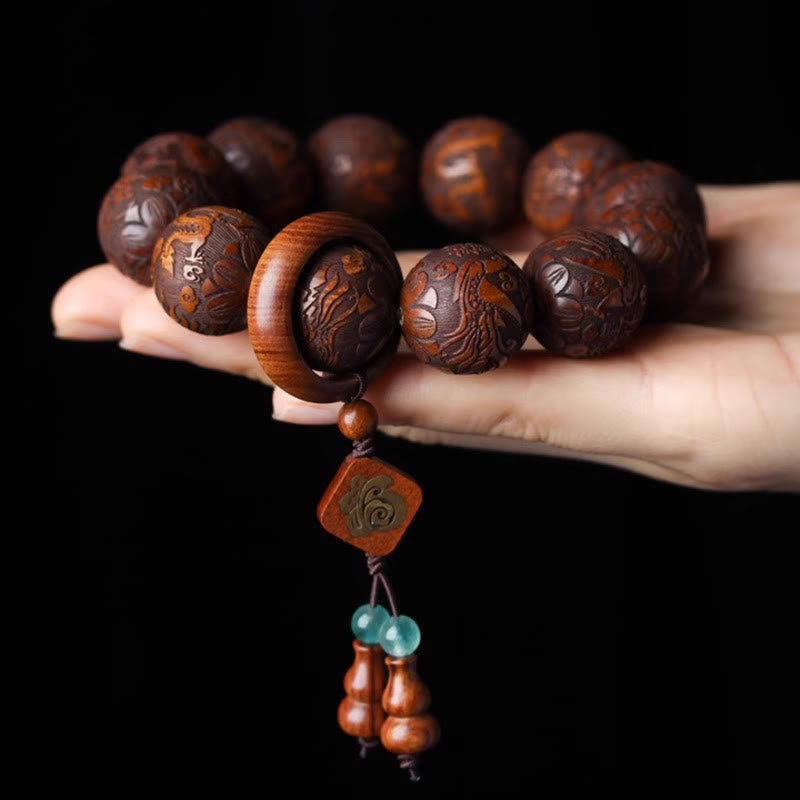 Drachenarmband mit Rosenholzperlen und Fu-Charakter-Kürbis für Wärme