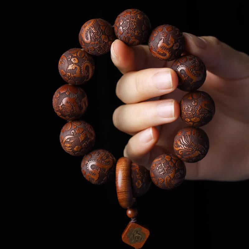 Drachenarmband mit Rosenholzperlen und Fu-Charakter-Kürbis für Wärme