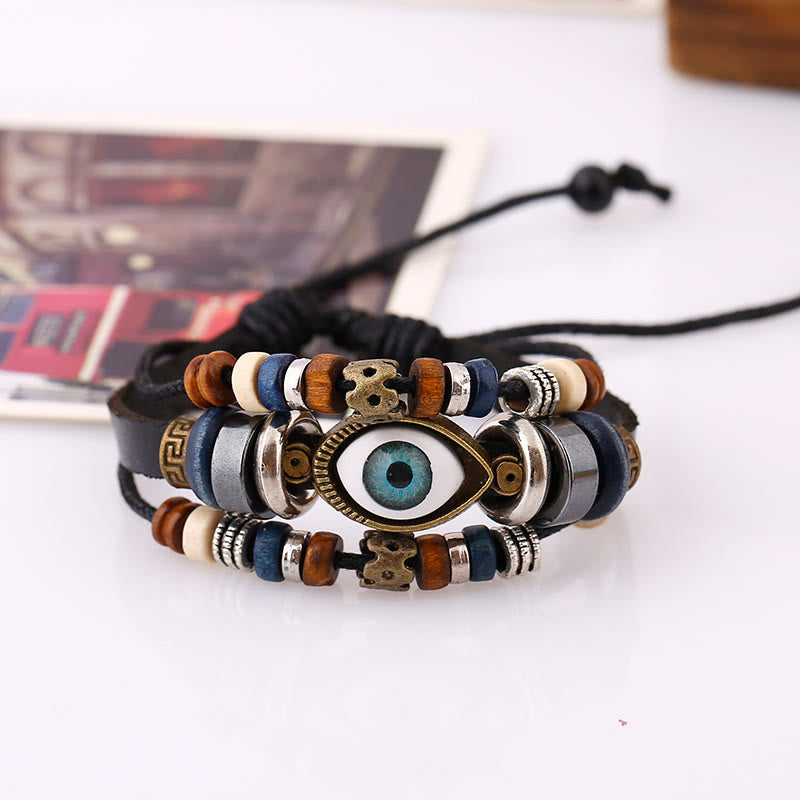 Unisex Evil Eye Protection Leather Bracelet Adjustable
