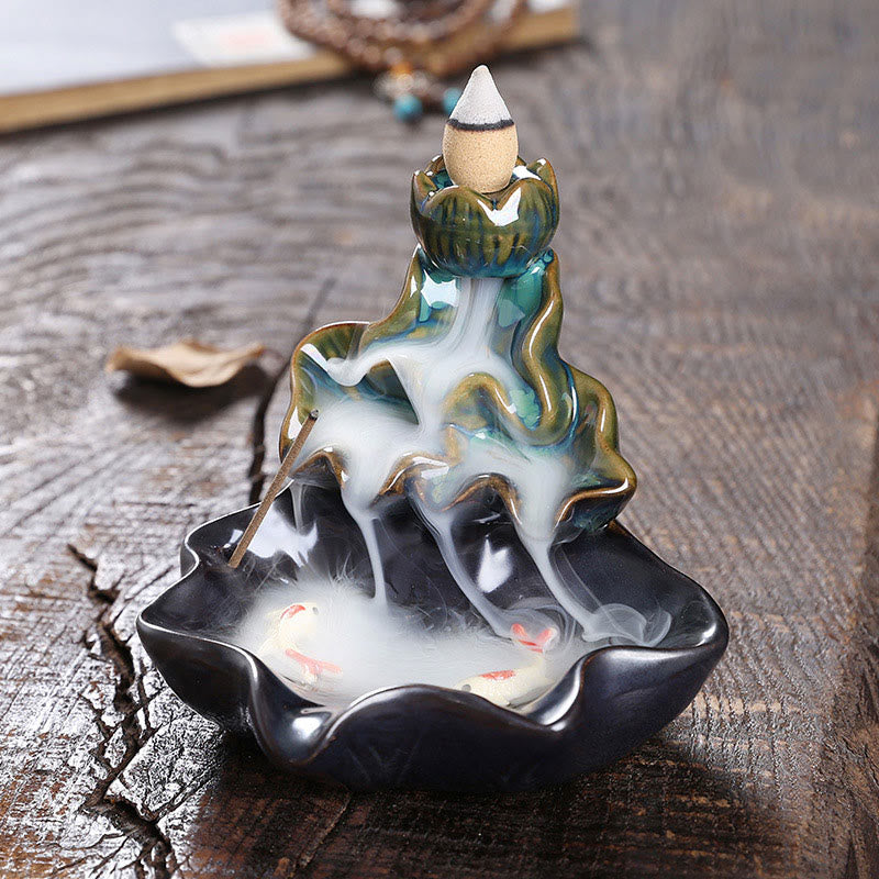Lotus Leaf Koi Fish Ceramic Backflow Incense Burner 11.5cm