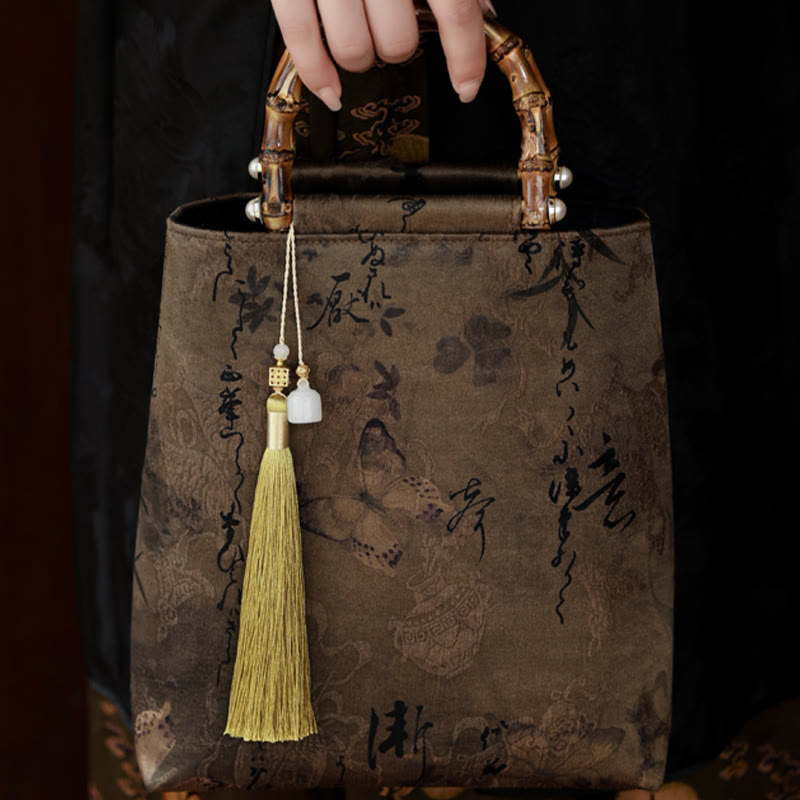 Handtasche mit Bambusblättern, Schmetterlings-Koi-Fisch und Jadegriffen