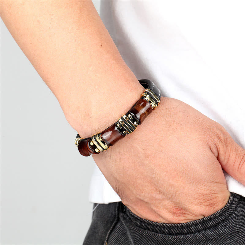 18–22 cm Tigerauge-Schutz-Lederarmband mit Bambussteinen
