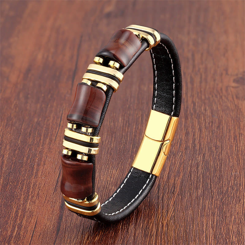 18–22 cm Tigerauge-Schutz-Lederarmband mit Bambussteinen