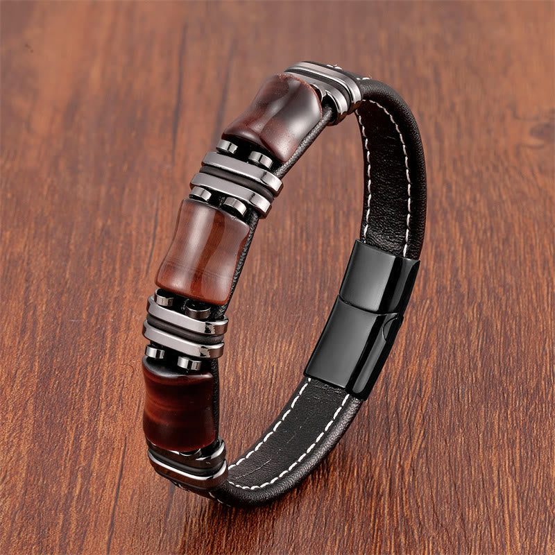 18–22 cm Tigerauge-Schutz-Lederarmband mit Bambussteinen