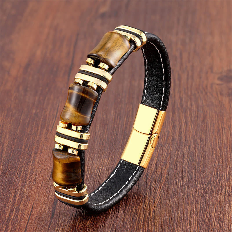 18–22 cm Tigerauge-Schutz-Lederarmband mit Bambussteinen