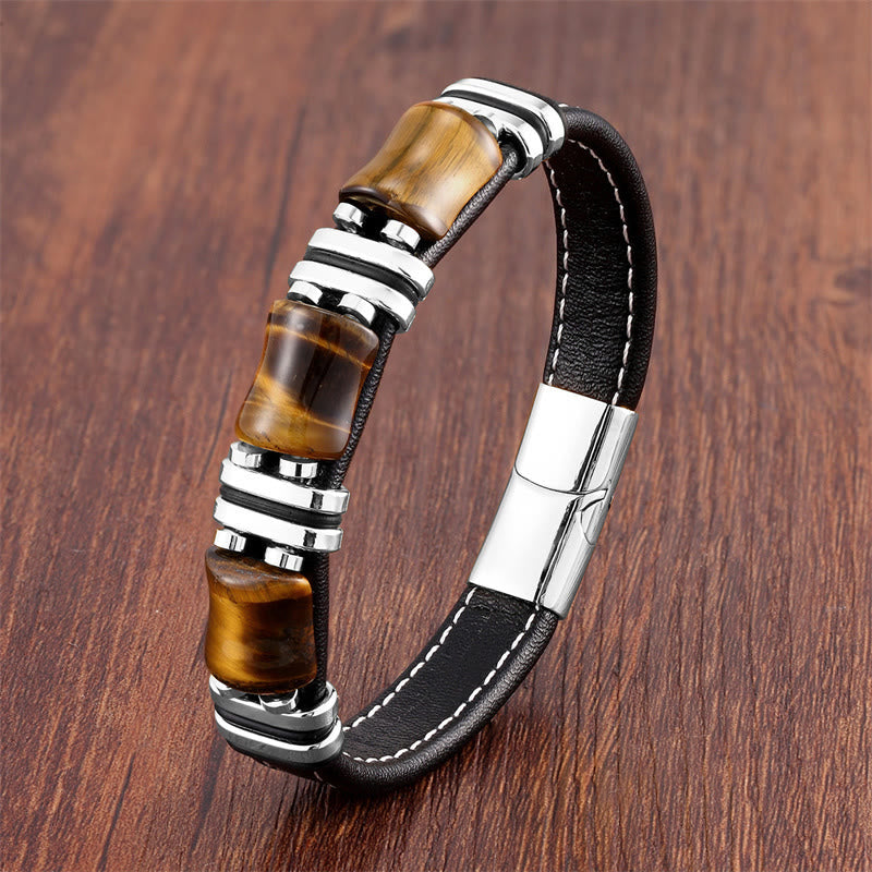 18–22 cm Tigerauge-Schutz-Lederarmband mit Bambussteinen