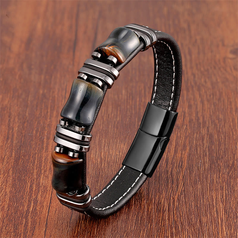 18–22 cm Tigerauge-Schutz-Lederarmband mit Bambussteinen