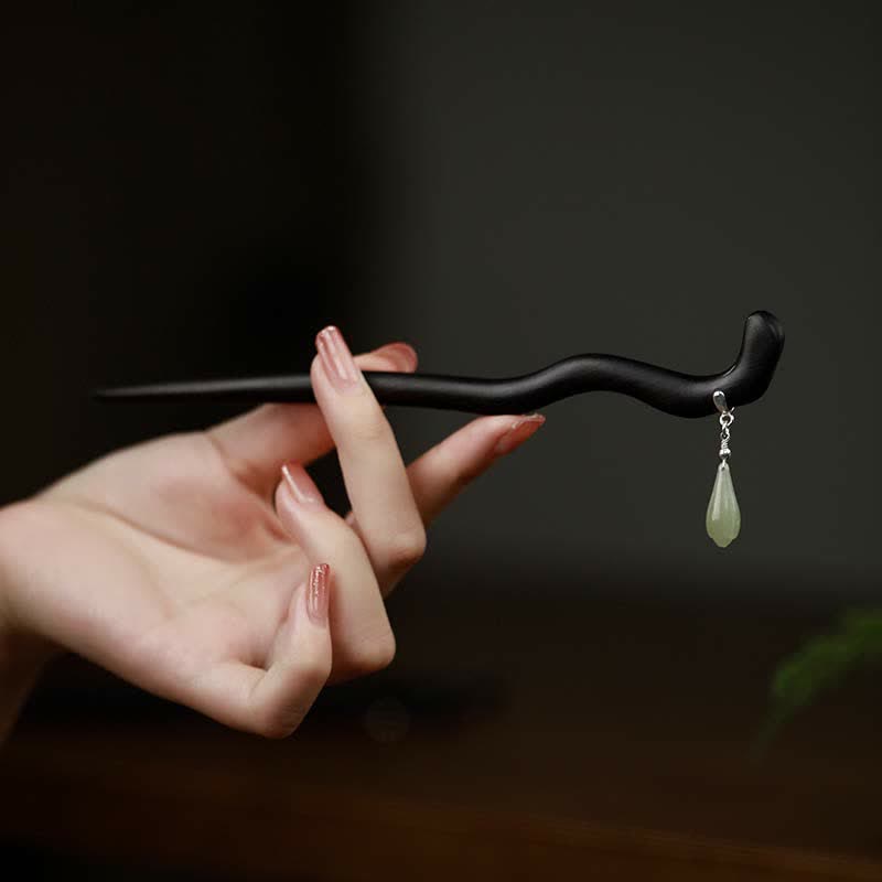 925 Sterling Silver Hetian Jade Ebony Wood Chinese Hairpin for Luck & Calm
