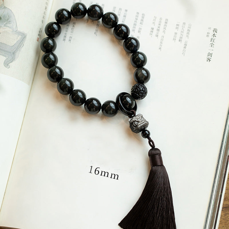 16 mm silberner Obsidian-Löwe-Handgelenk-Mala für Schutz und Weisheit