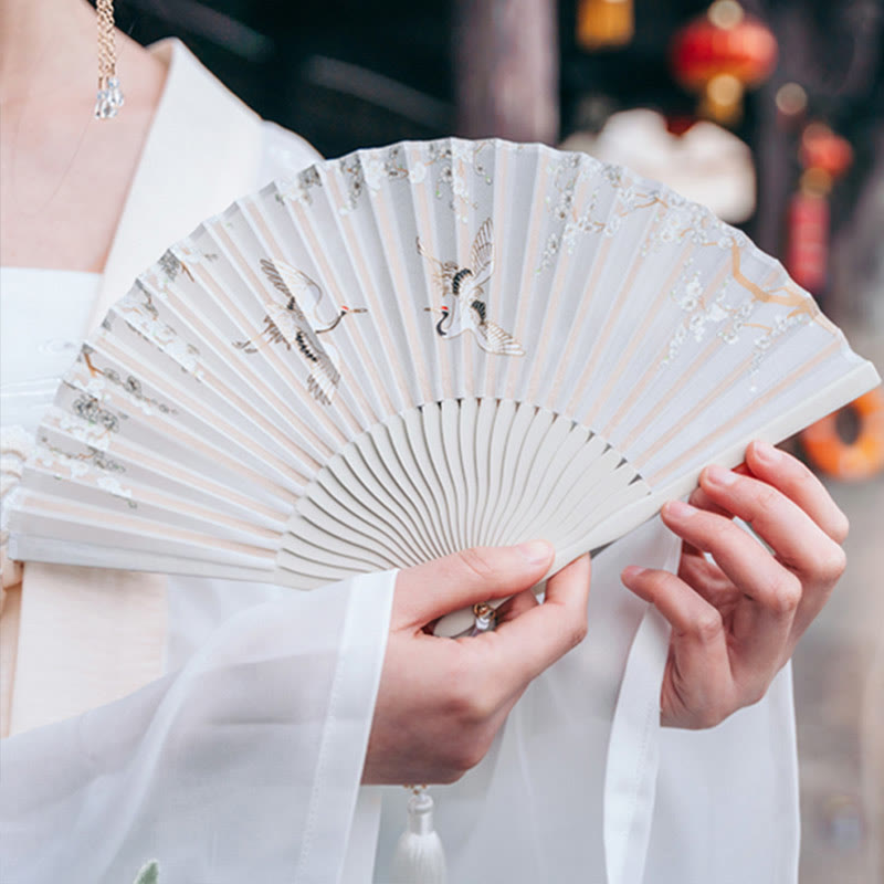 18 cm großer chinesischer Faltfächer aus Seide mit Kranich-Pflaumenblüte