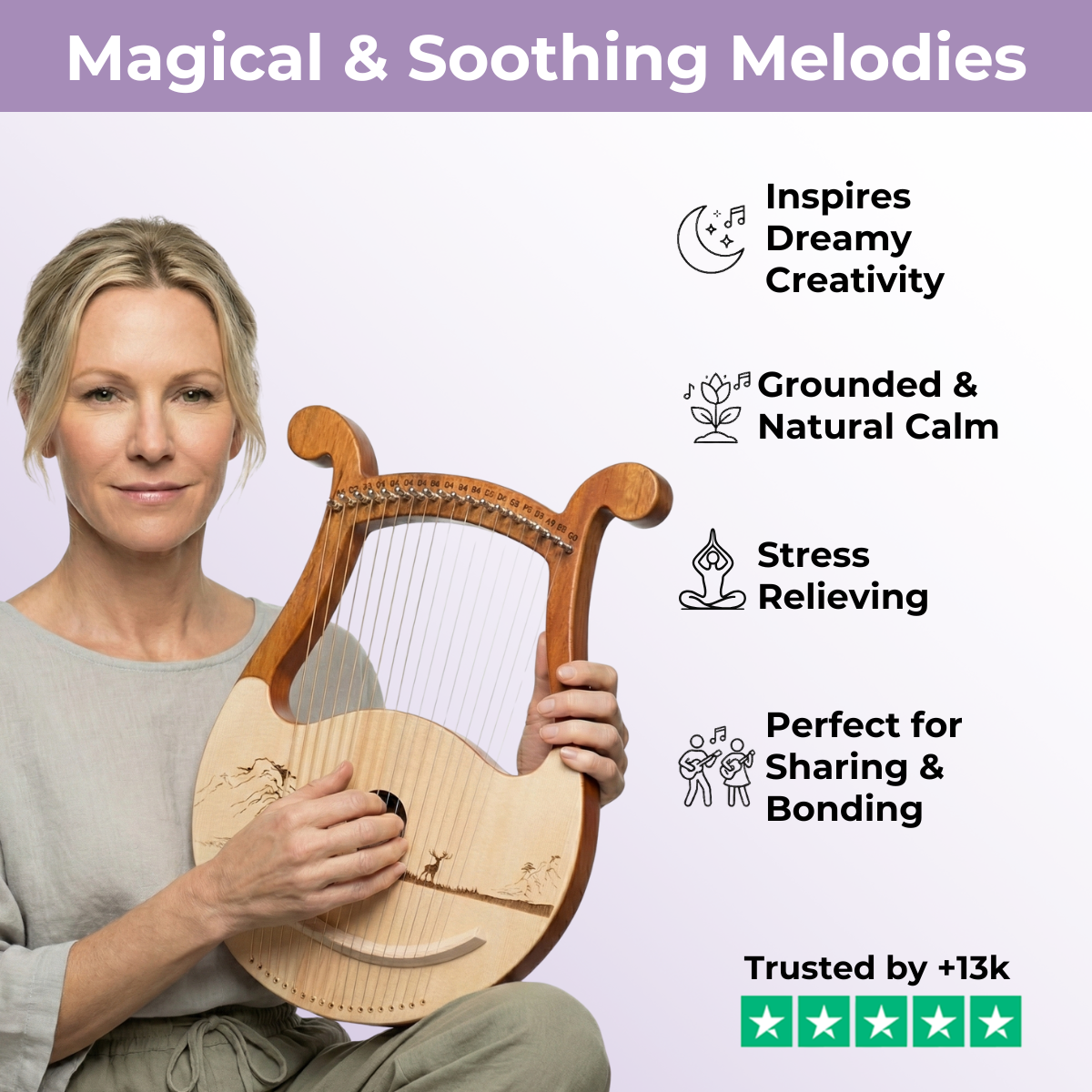 19-saitige irische Lyraharfe mit Hebelinstrument